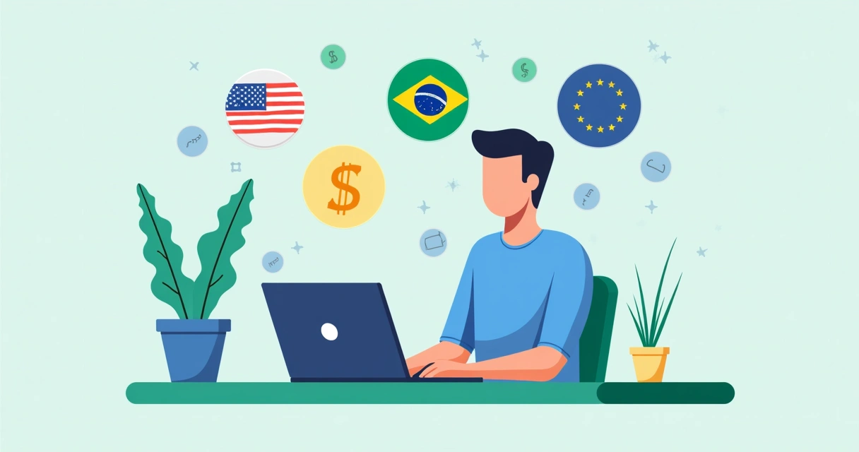 Pessoa segurando um notebook com diversas moedas e bandeiras de países ao redor. 