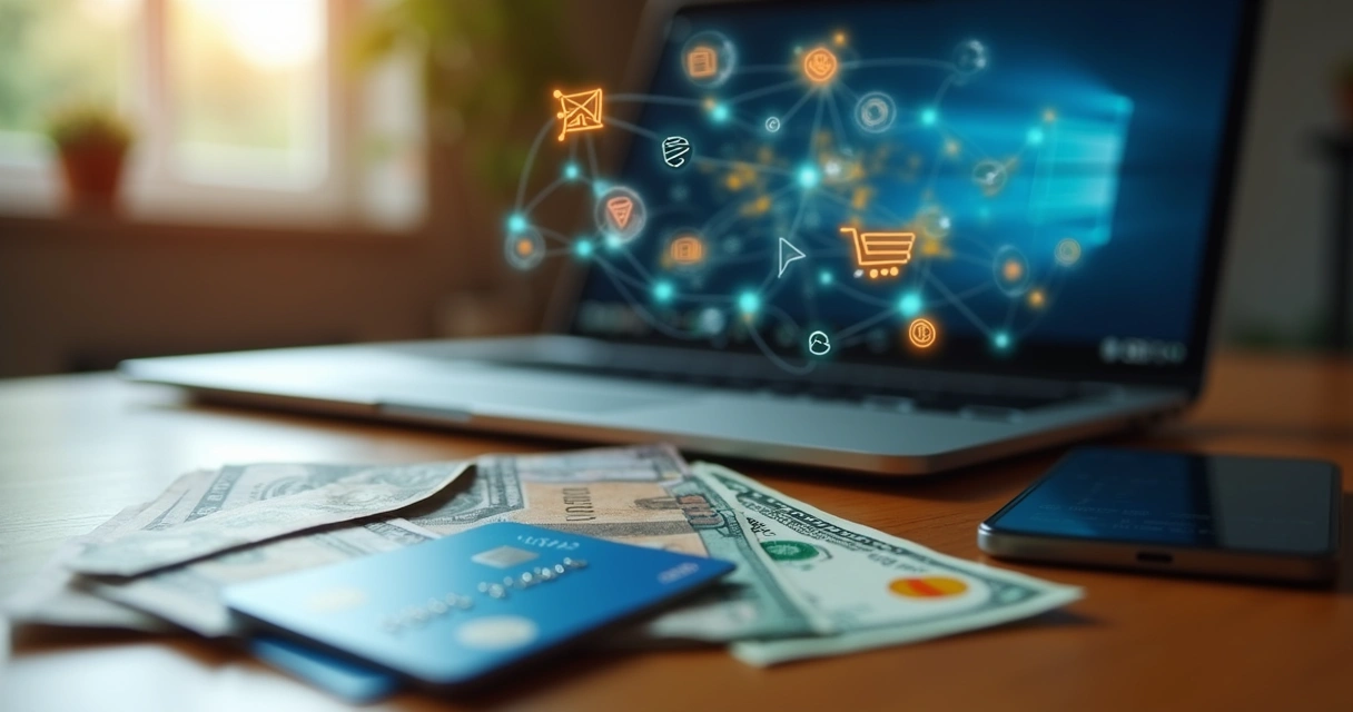 Diferentes moedas e cartão internacional ao lado de laptop 