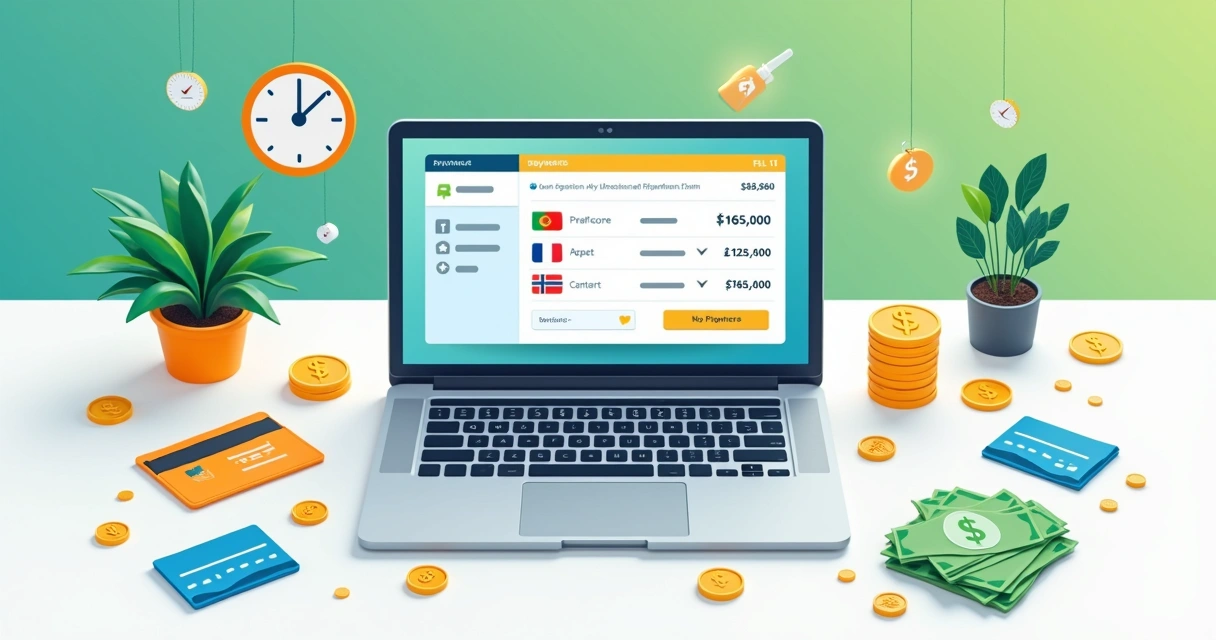Múltiplas moedas e cédulas ao redor de um computador com tela de checkout online 