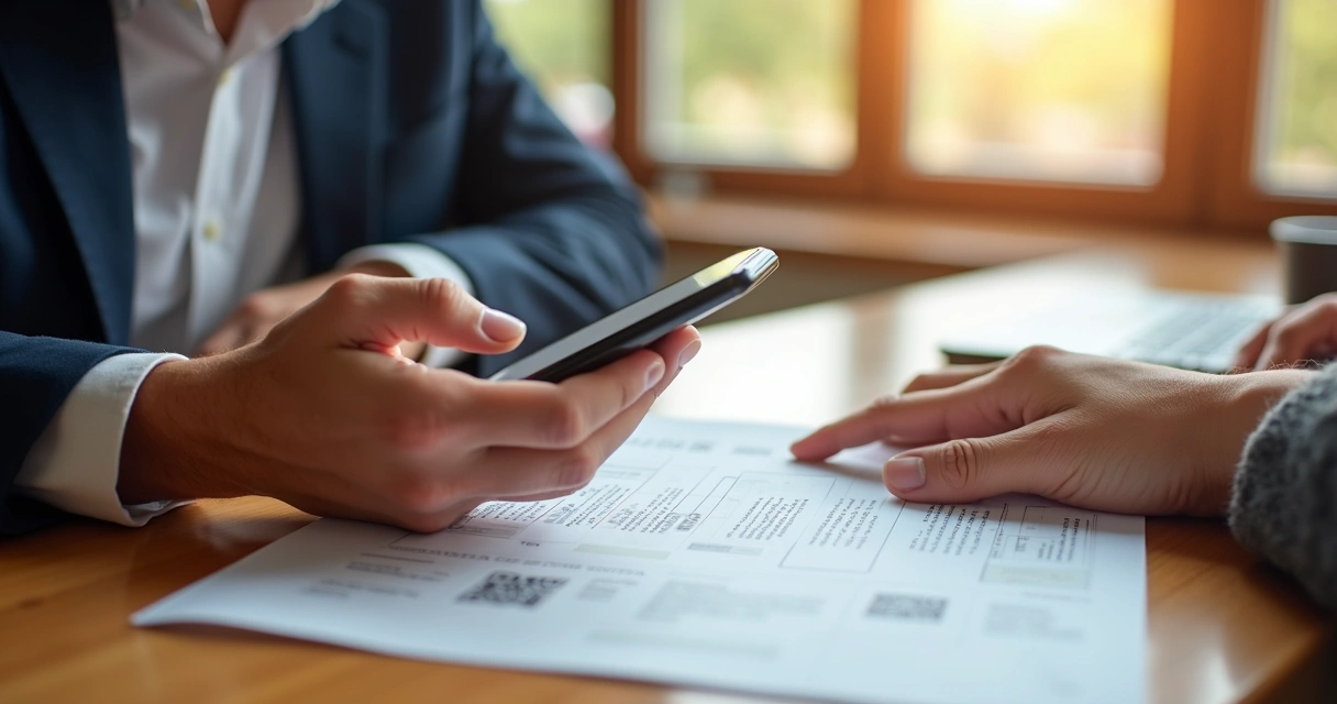 Pessoa pagando boleto de IPVA com smartphone e documento do carro na mesa 