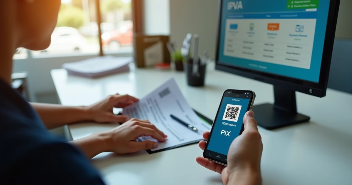 Pessoa paga guia de IPVA usando app bancário e QR code Pix 