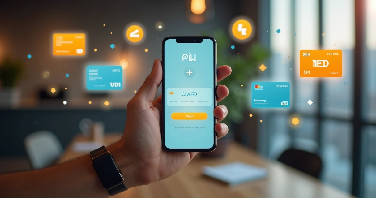 Pessoa segurando smartphone mostrando link de pagamento na tela com ícones de dinheiro digital ao redor 