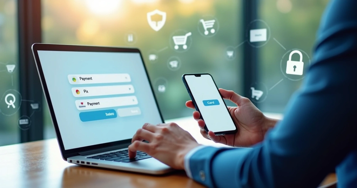 Pessoa usando notebook e smartphone enquanto faz o pagamento por link online 