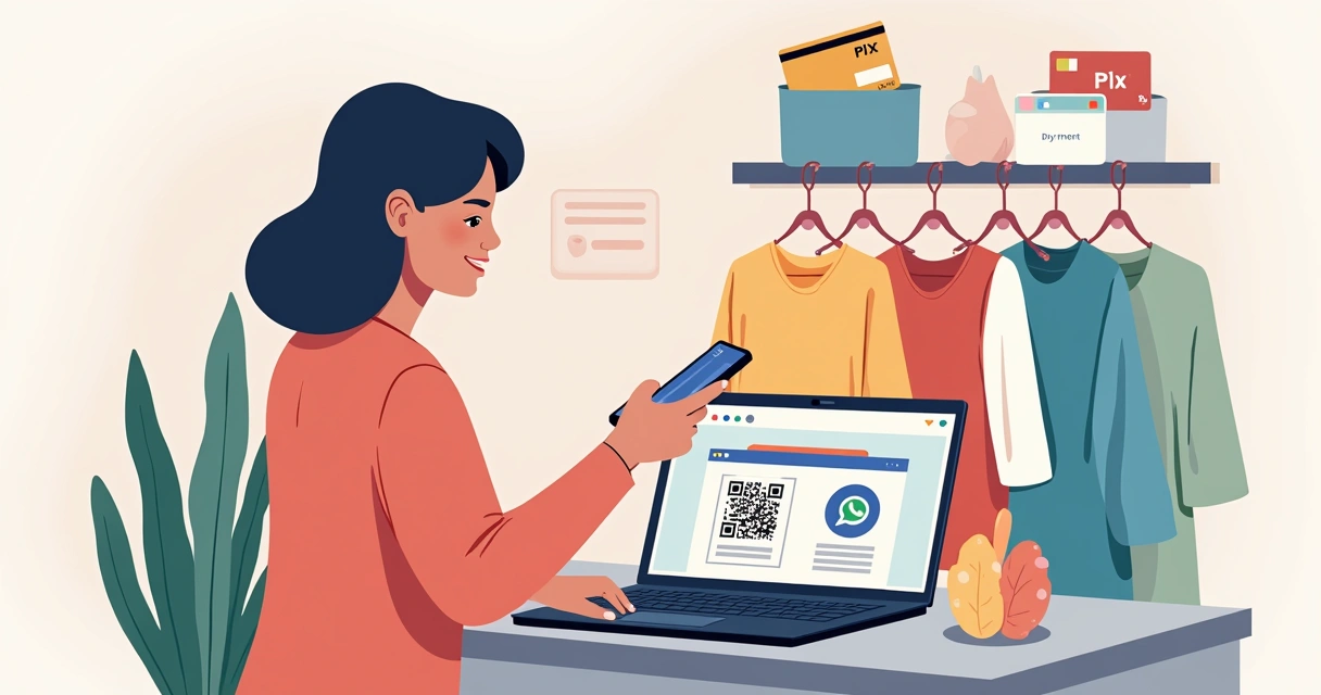 Pessoa pagando compra de roupas com celular e QR Code 