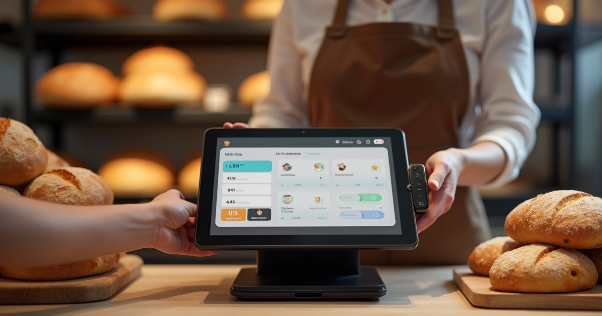 Pessoa usando máquina smart para pagar pão em padaria