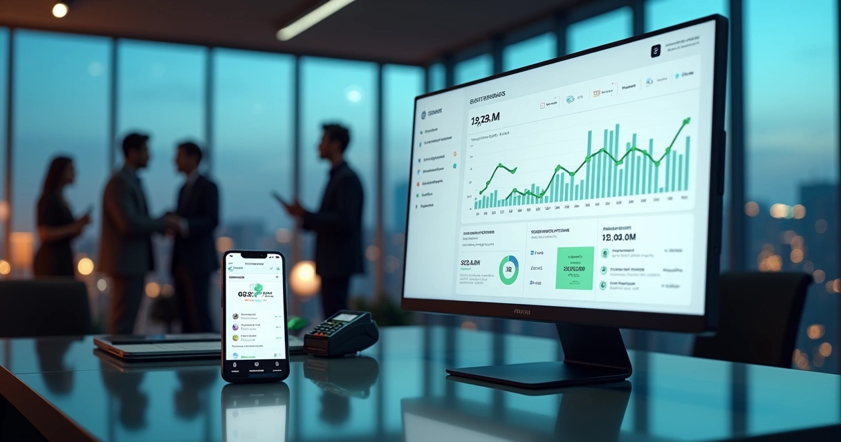 Painel digital mostrando gráficos de pagamentos mensais recorrentes em ambiente corporativo moderno 