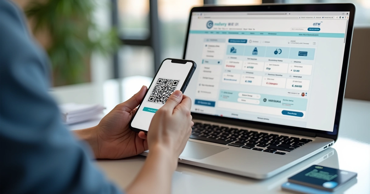Pessoa usando celular e laptop para pagar com Pix, cartão e boleto em loja virtual