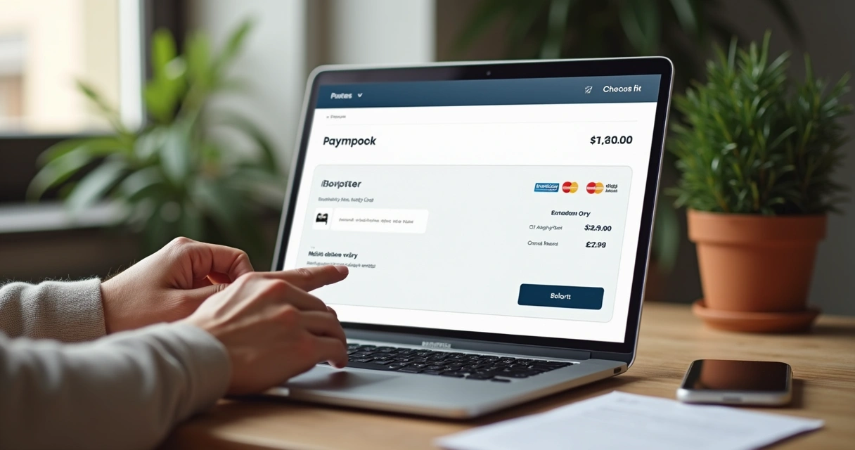 Diversos métodos de pagamento na tela de um notebook, incluindo Pix, cartão e carteiras digitais. 