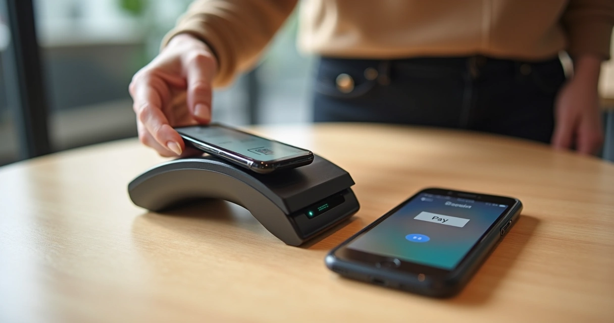 Mão segurando smartphone próximo a terminal de pagamento NFC sobre mesa de madeira clara 