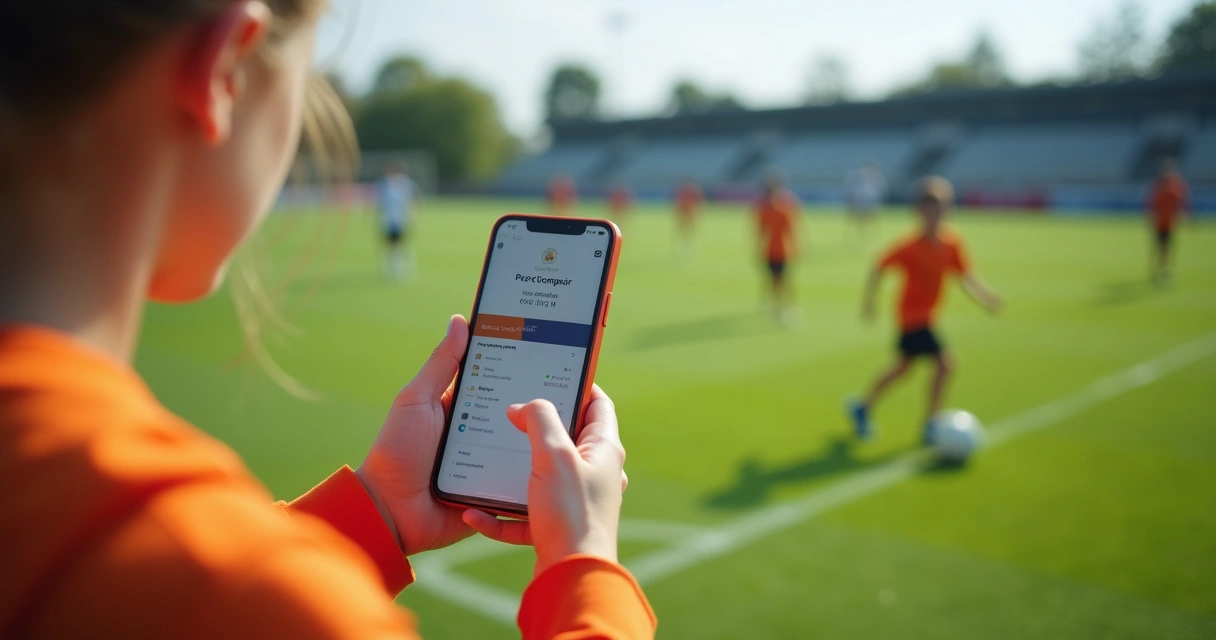 Responsável por criança efetuando pagamento digital em celular durante treino esportivo 