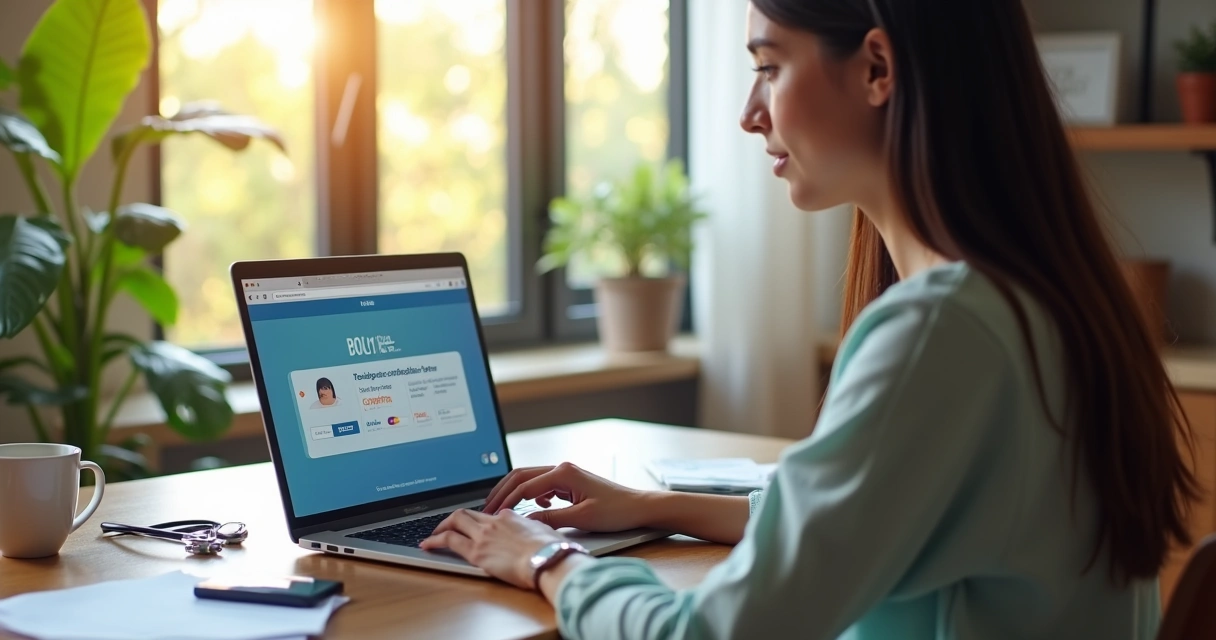 Paciente usando notebook para pagar consulta online 