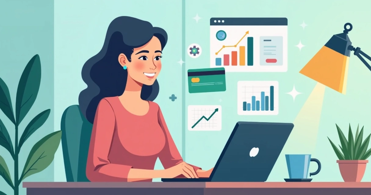 Mulher sentada com notebook, tela mostrando pagamentos online, cartões e gráficos ao redor 