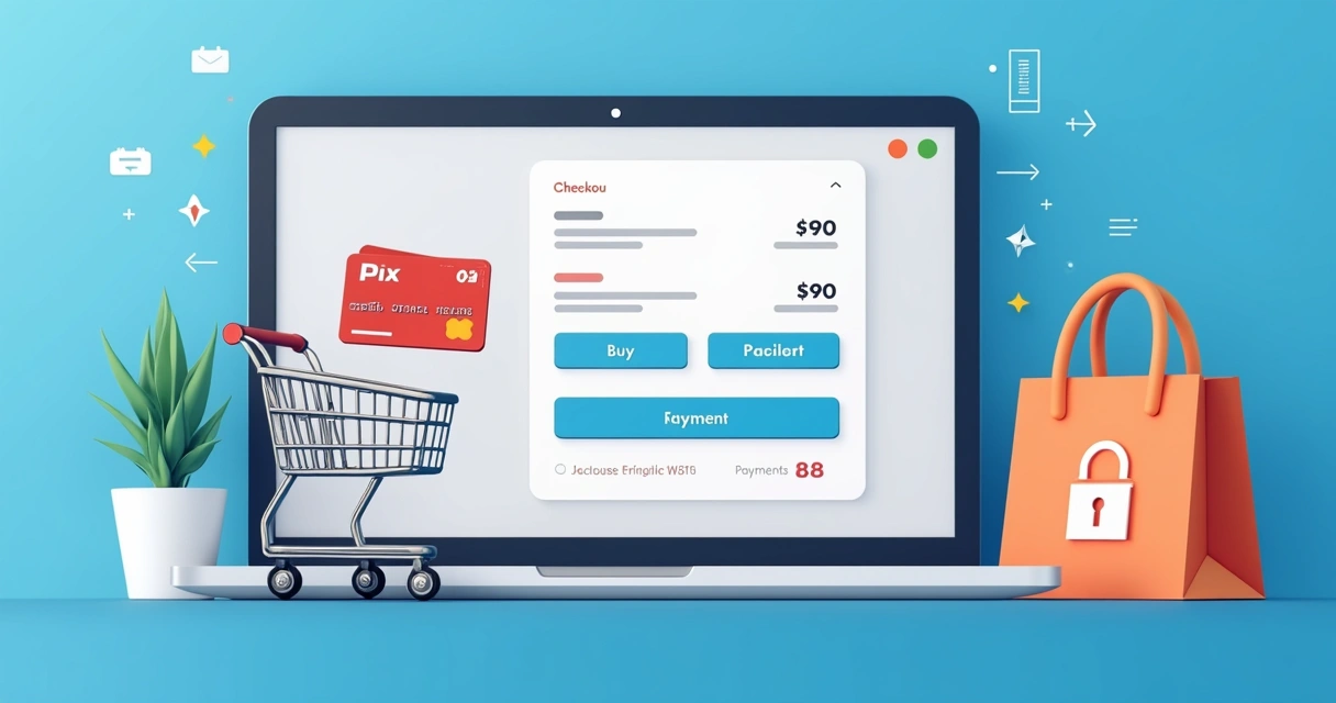 Ilustração de checkout digital em loja online, mostrando opções de pagamento por cartão e Pix.
