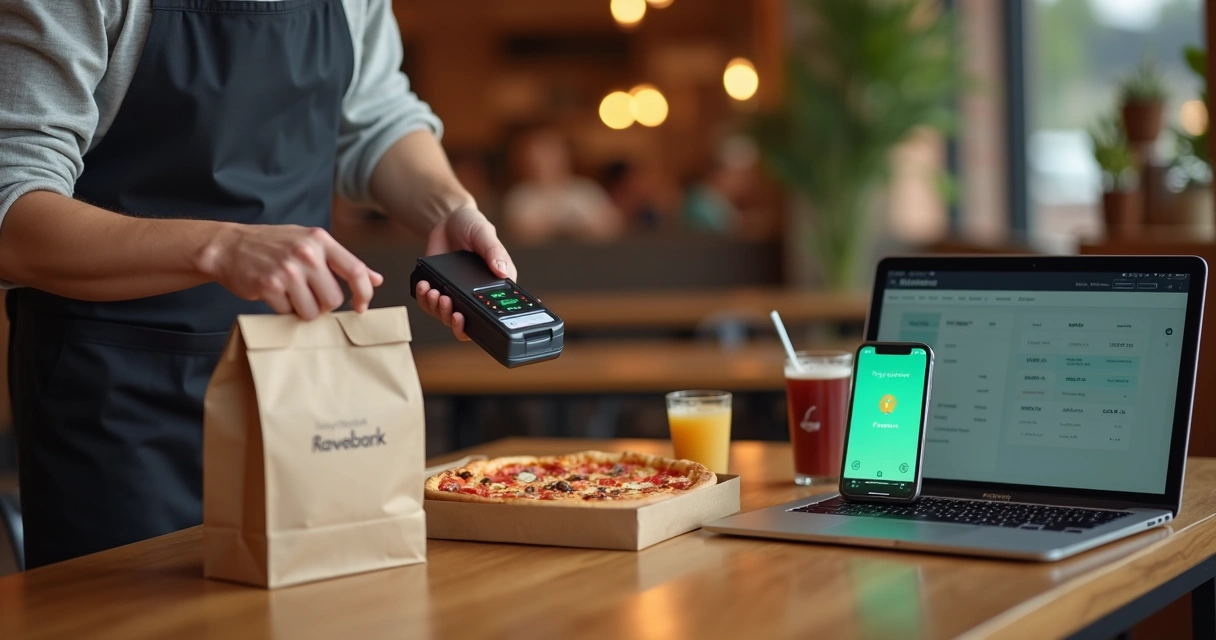 Garçom segurando maquininha de cartão ao lado de cliente pagando pedido de delivery pelo celular em mesa de restaurante 