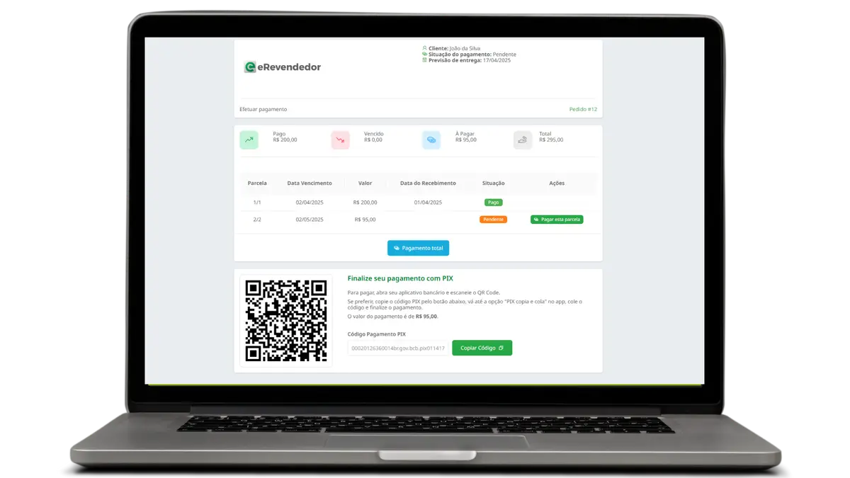 Tela de pagamento e controle de parcelas no sistema eRevendedor com QR Code para pagamento via PIX.