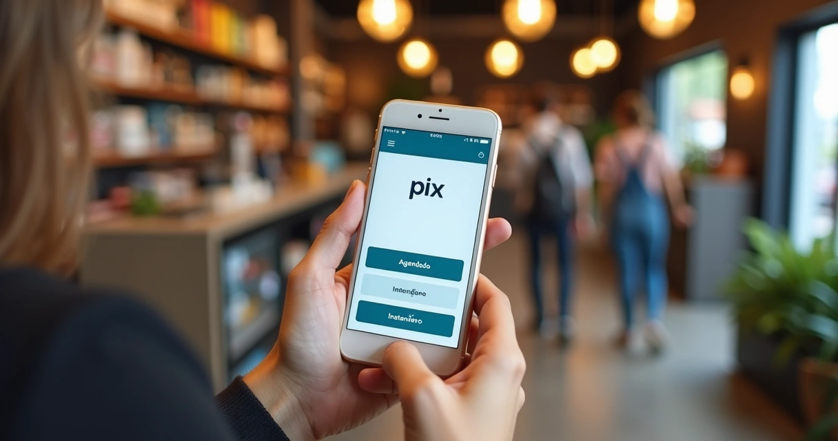 Pessoa usando celular para realizar pagamento Pix com opções agendado e instantâneo em tela com interface moderna e detalhes de comércio ao fundo 