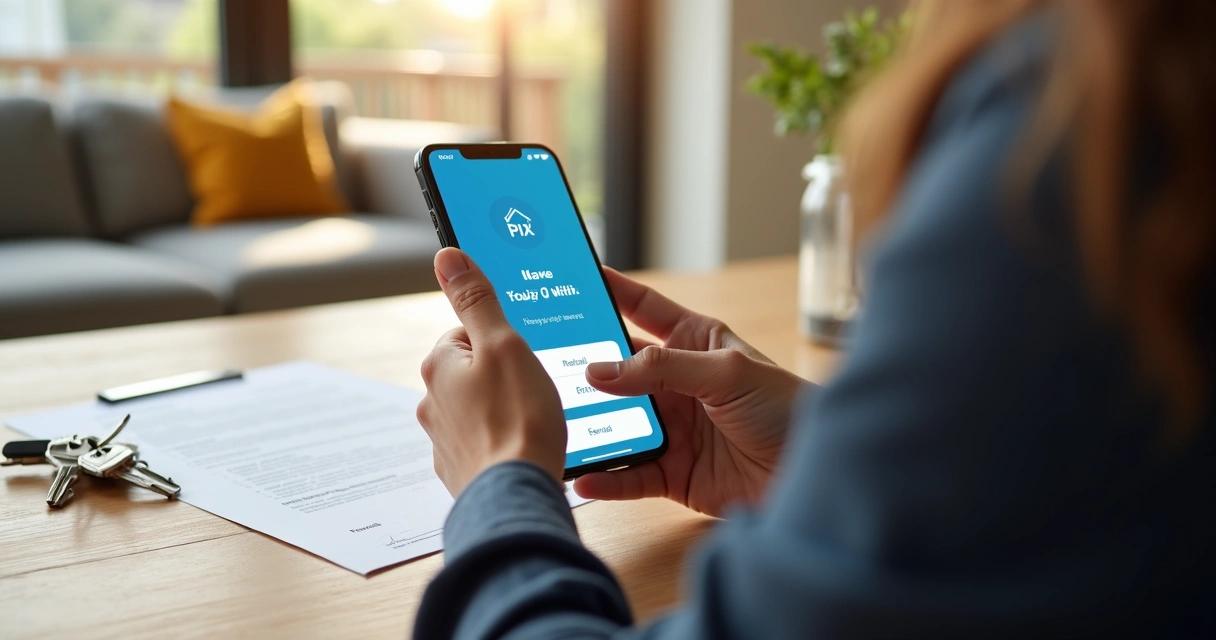 Pessoa usando celular para pagar aluguel por PIX 