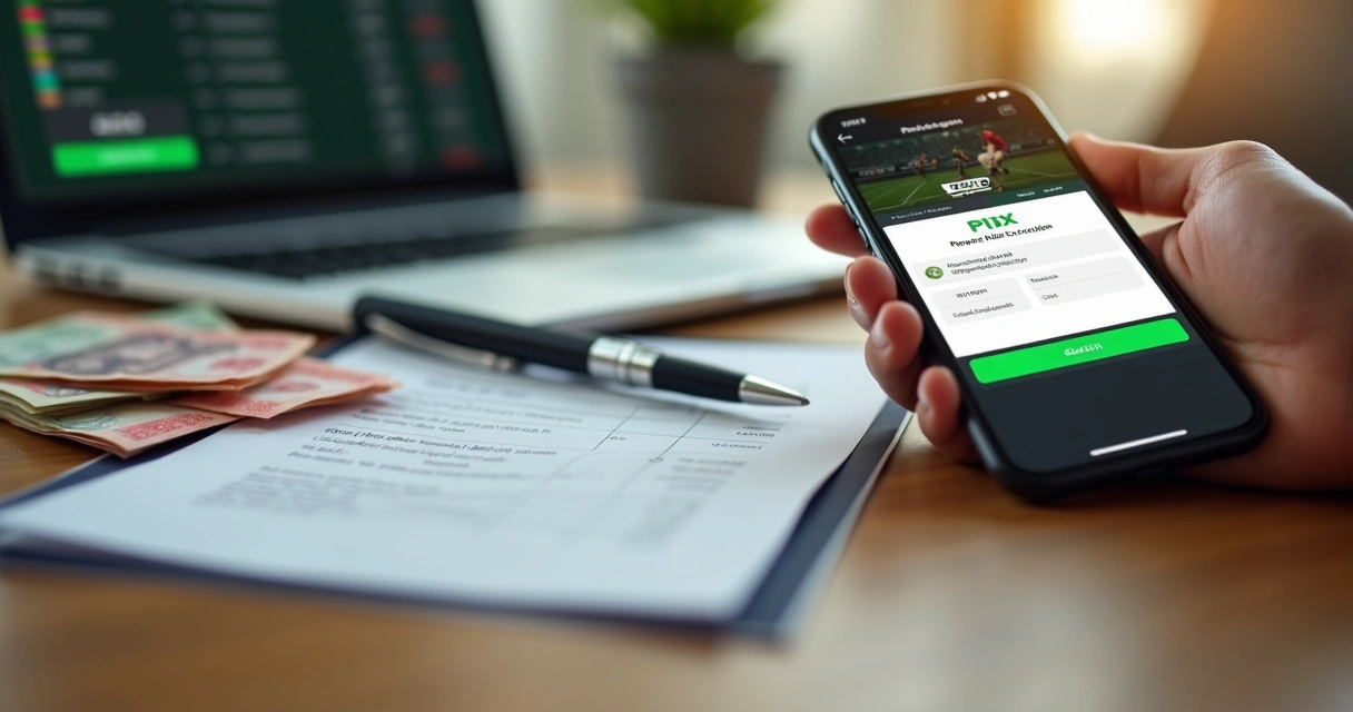 Tela de celular com pagamento PIX confirmado em aposta online 