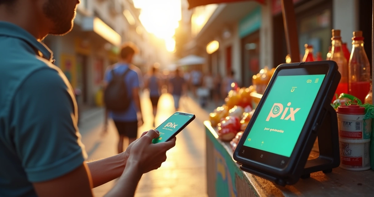 Pessoa paga com Pix por aproximação em maquininha em calçada de centro comercial 