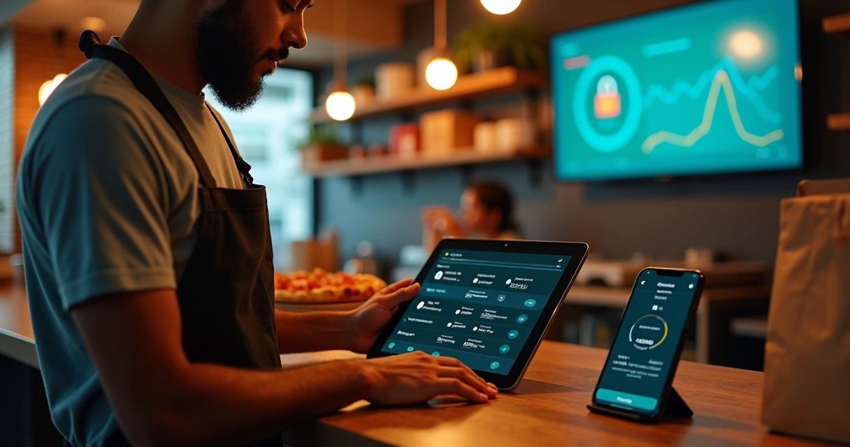 Dono de delivery conferindo pagamentos Pix automatizados em tablet no balcão do restaurante 