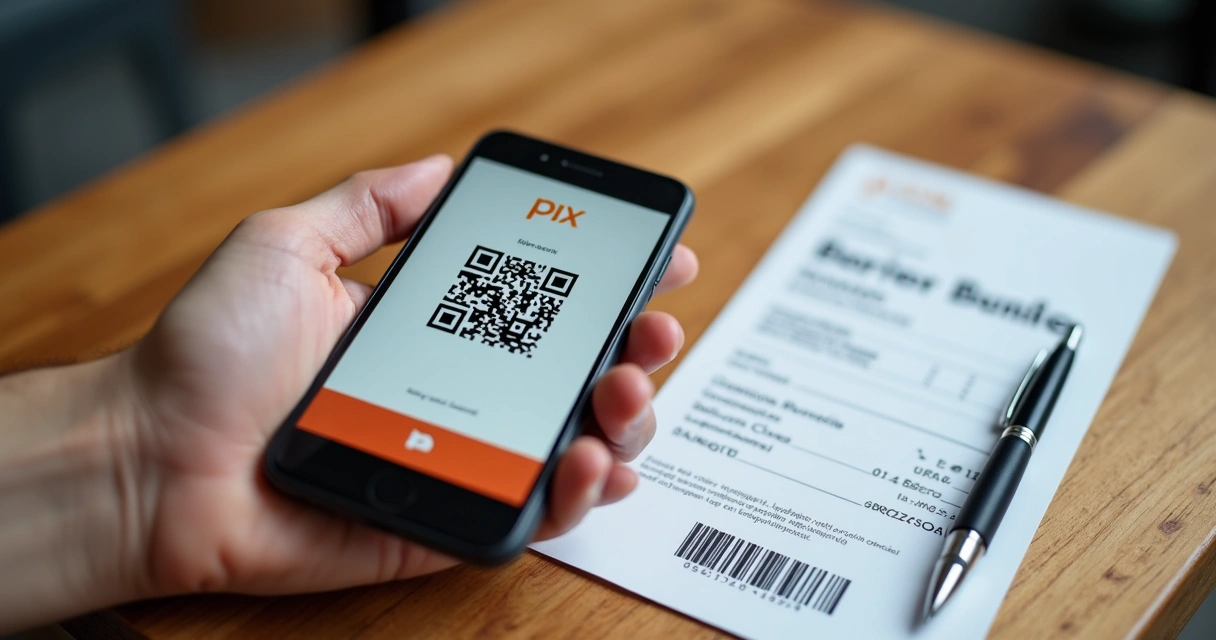Mão segurando celular com QR Code do PIX e boleto bancário em cima de uma mesa 