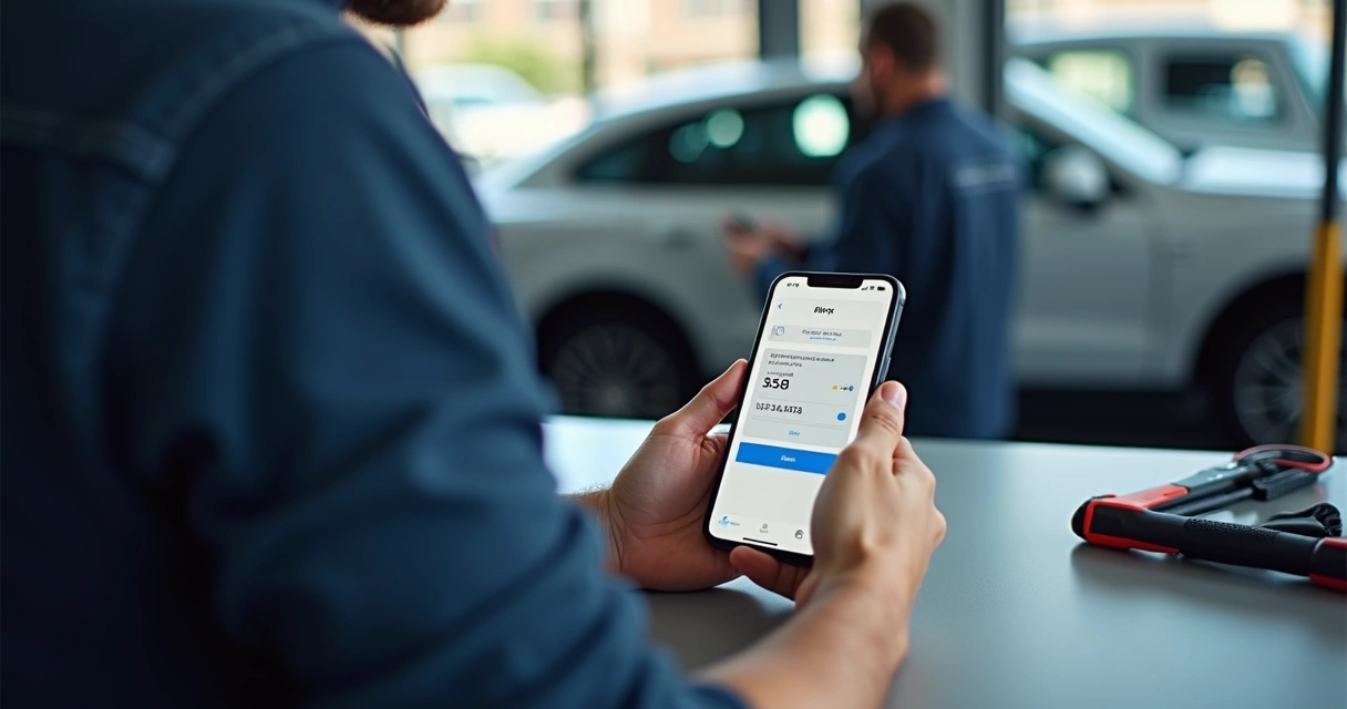 Pessoa pagando serviço de oficina via smartphone com interface Pix parcelado à mostra, ambiente de oficina em segundo plano 
