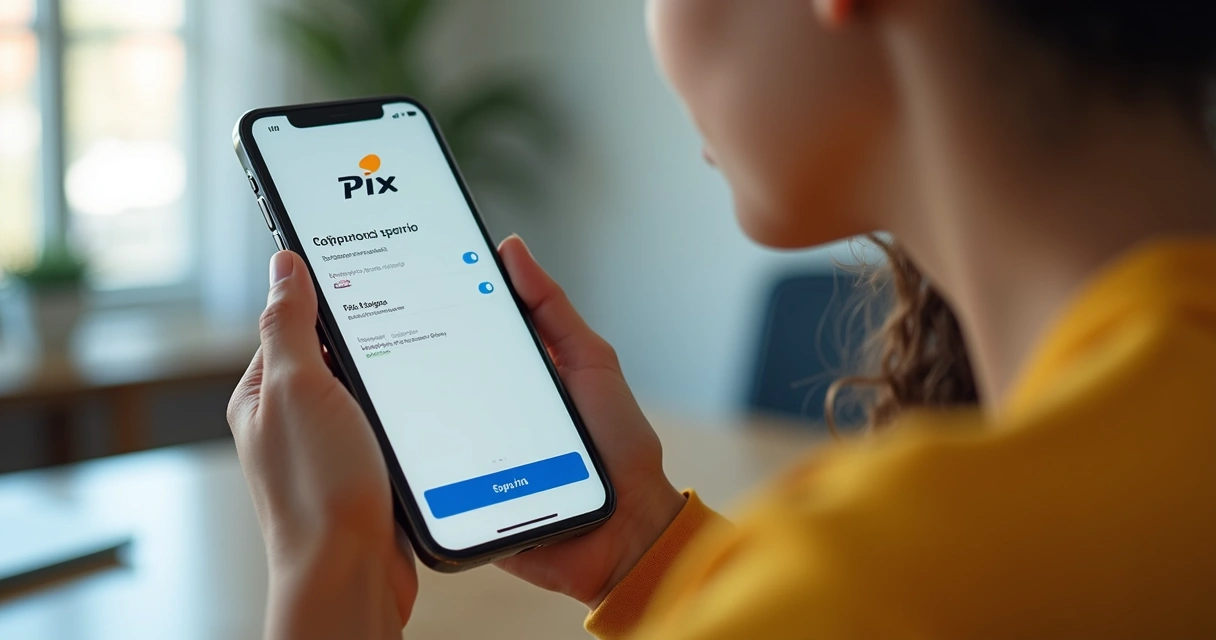 Pessoa segurando celular com tela mostrando opção de parcelamento via Pix. 