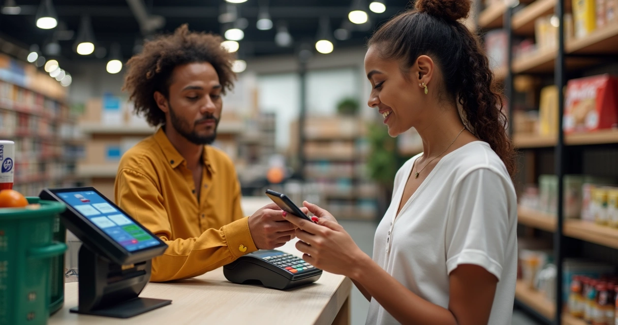 Cliente pagando compras no comércio via Pix parcelado com QR code.