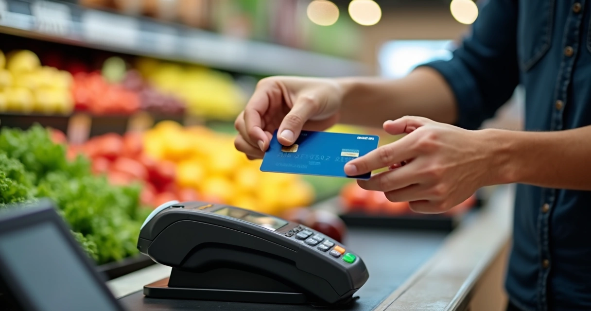 Pessoa pagando com cartão por aproximação em um mercado 