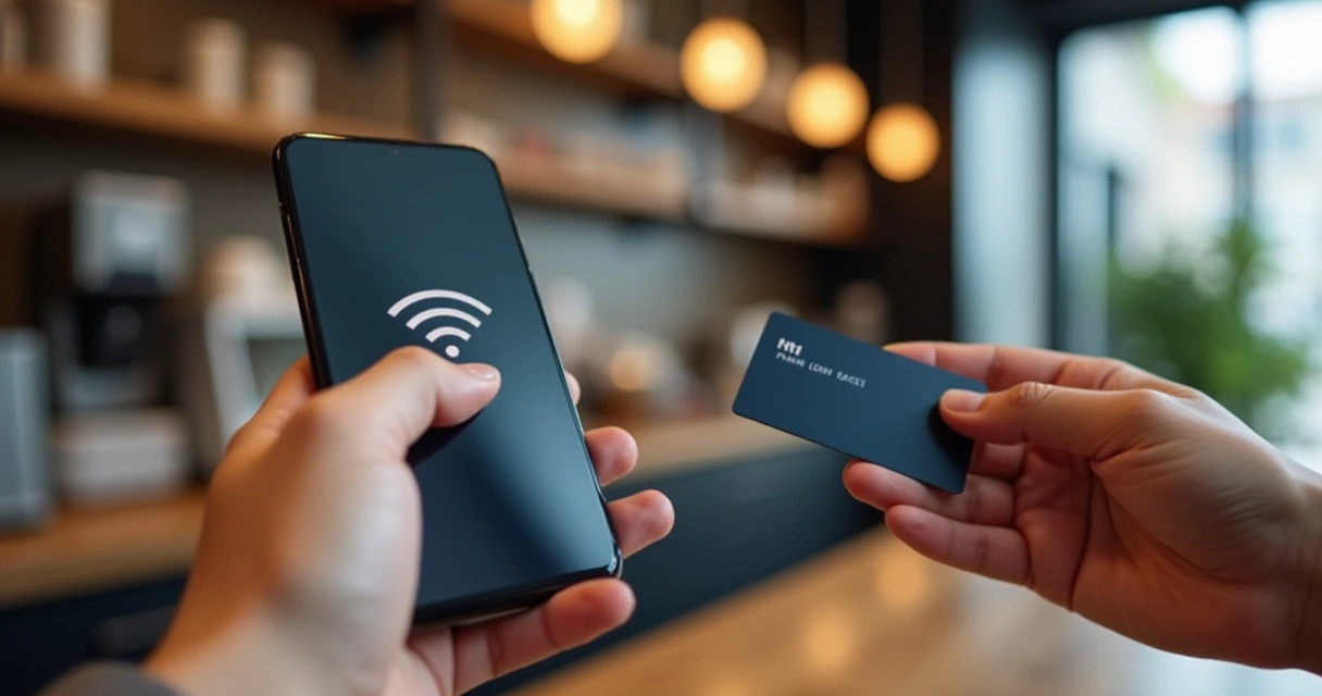 Terminal de pagamento representado por um celular Android recebendo pagamento por aproximação de cartão 