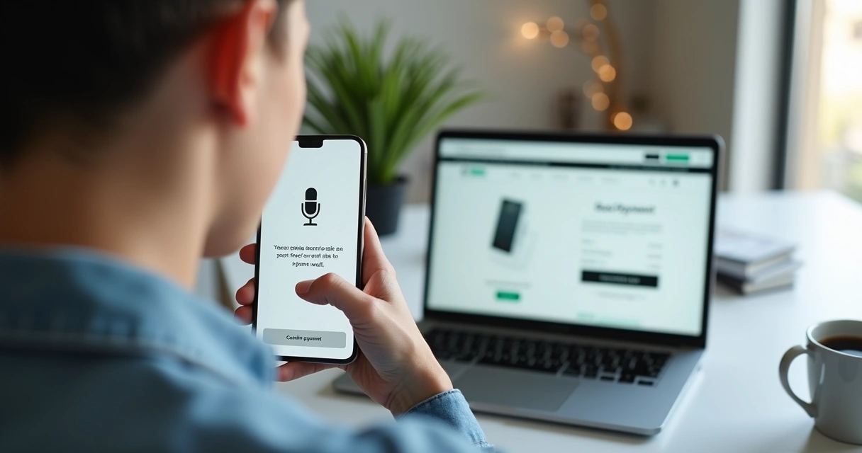 Pessoa usando comando de voz no smartphone para concluir pagamento online em checkout digital moderno 
