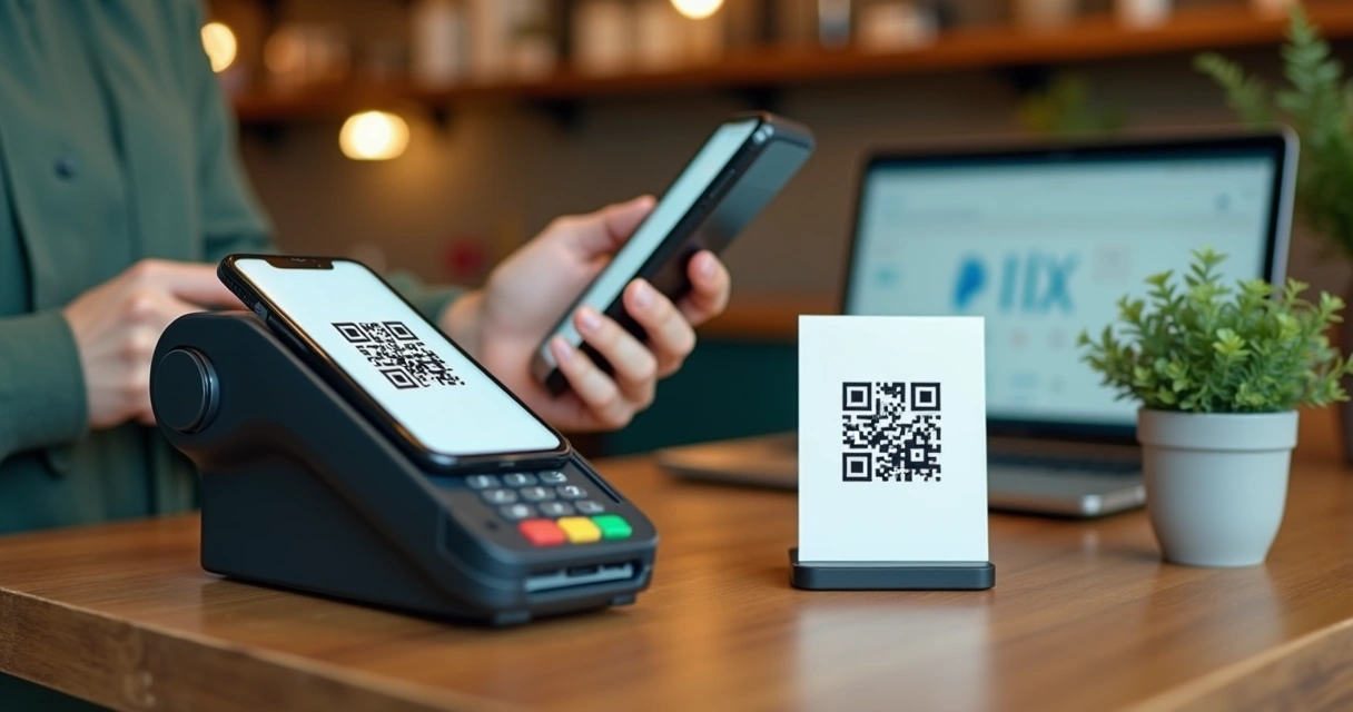Pessoa realizando pagamento por QR Code em maquininha em balcão de loja 
