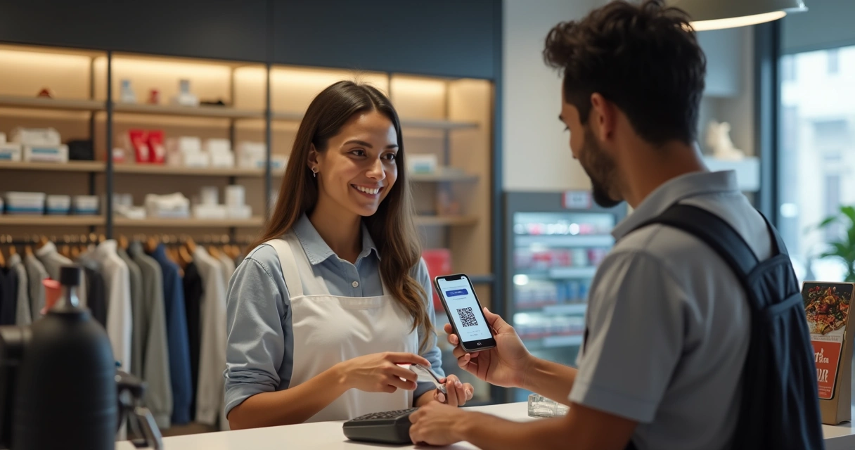 Cliente pagando com QR Code em loja 