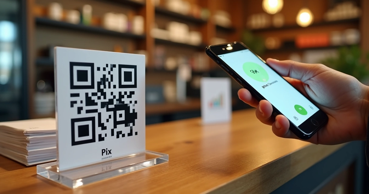 Cliente paga compra aproximando celular de QR Code dinâmico em pequena loja 