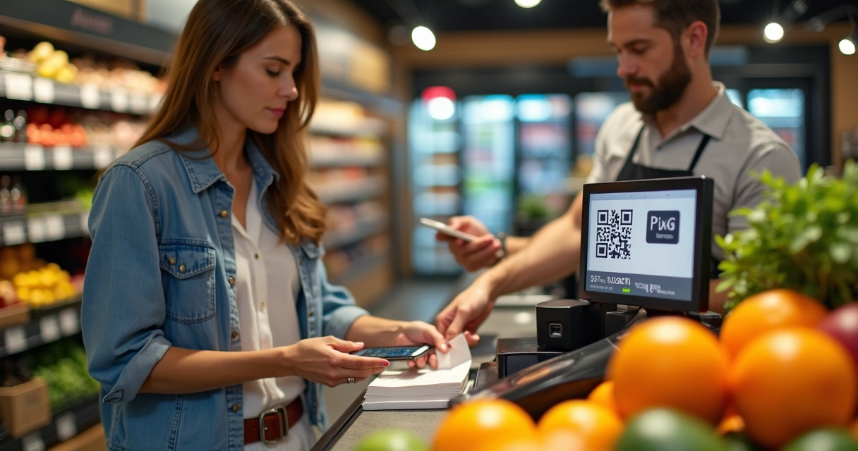 Mulher pagando compra de supermercado com QR Code pelo celular