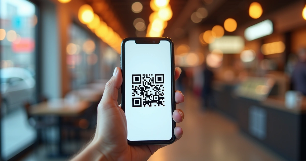 Pessoa segurando smartphone exibindo QR code na tela para pagamento digital em ambiente comercial com vários setores ao fundo 