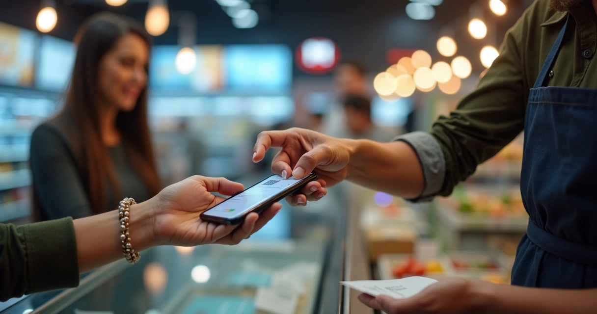 Pessoa fazendo pagamento rápido com o celular em um caixa de loja 