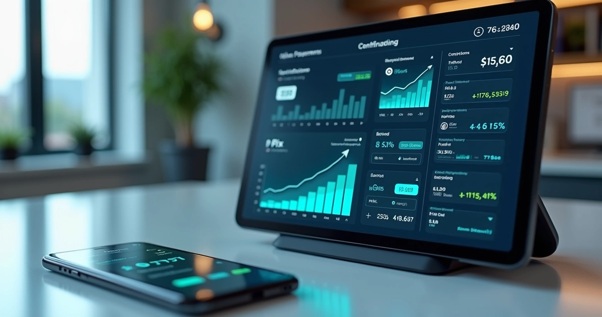 Interface digital de pagamentos recorrentes com gráficos, cartão de crédito e dispositivos móveis integrados 