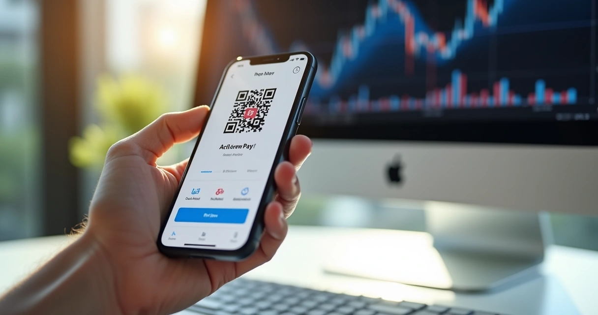 Celular exibindo QR Code de pagamento próximo a tela com gráfico financeiro 