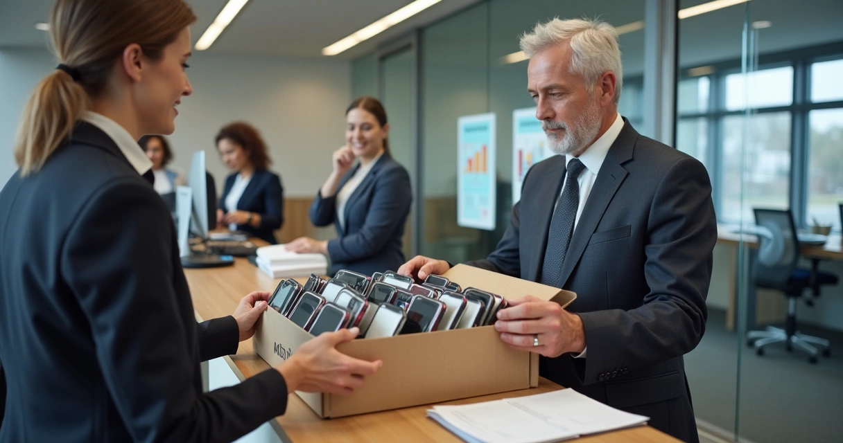 Pessoa retirando caixa com celulares em guichê de órgão público 