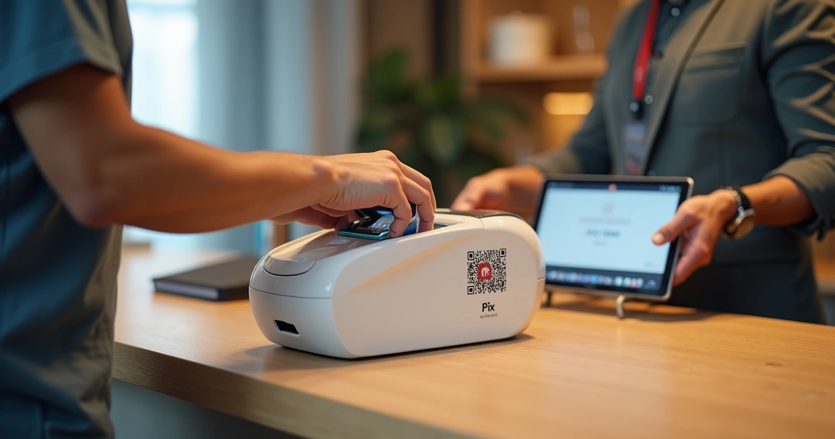 Cliente usando maquininha branca personalizada com QR Code para pagamento 