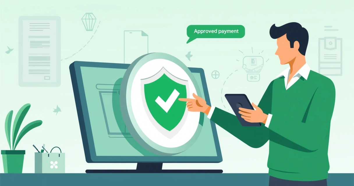 Tela de loja virtual mostrando pagamento aprovado e escudo de segurança 