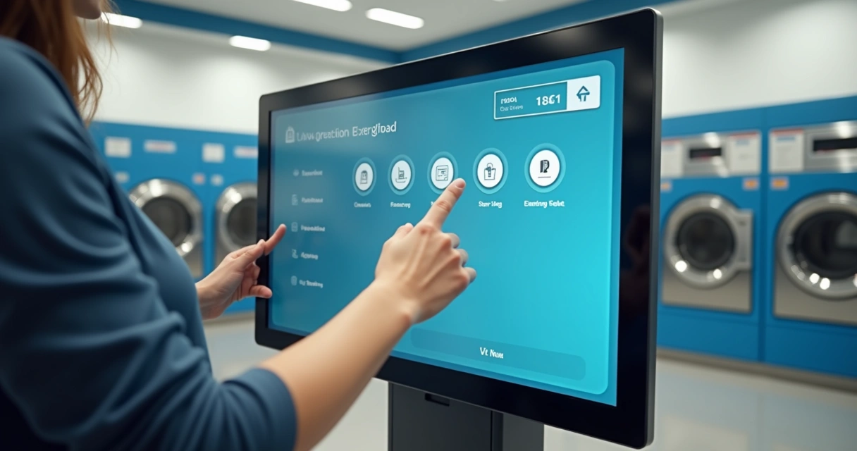 Pessoa usando totem de self checkout em lavanderia