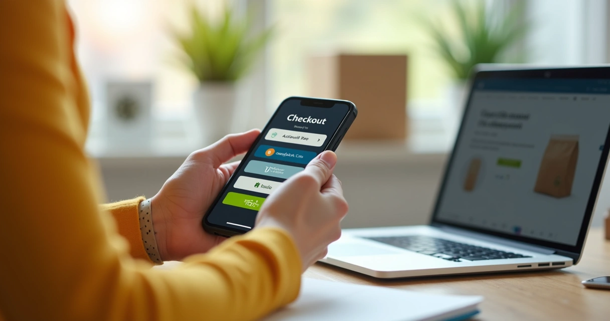 Pessoa usando celular para pagar online em loja Shopify