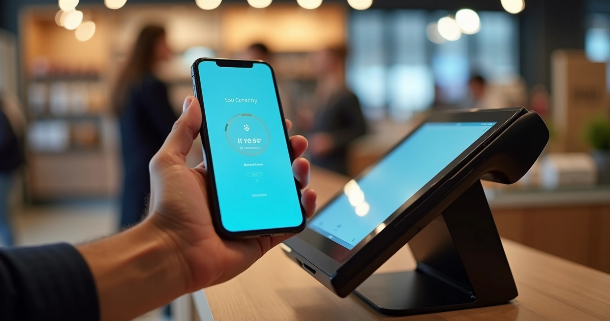Pessoa usando o celular para pagamento por aproximação em terminal POS moderno, ambiente de loja iluminada. 
