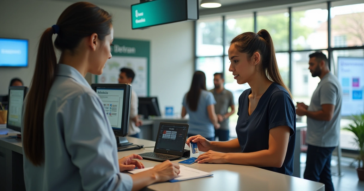 Pessoa pagando taxa em guichê do Detran com cartão de débito. 