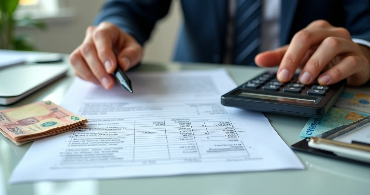 Planilha financeira, cédulas e nota fiscal 