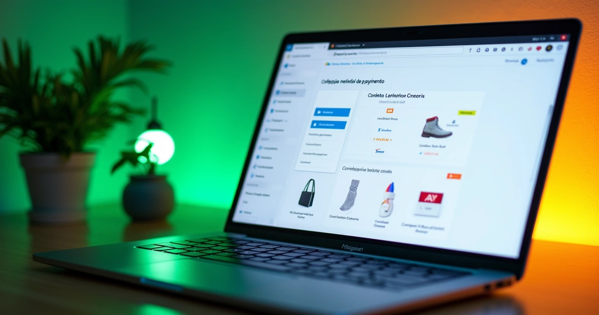 Painel virtual mostrando métodos de pagamento variados na tela de um notebook 