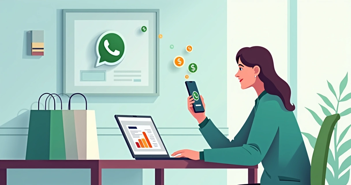 Pessoa usando WhatsApp para vender online, celular em mãos, ambiente de loja virtual 