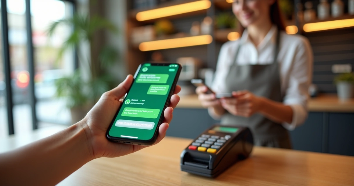 Pessoa usando smartphone para pagar em terminal de vendas moderno 